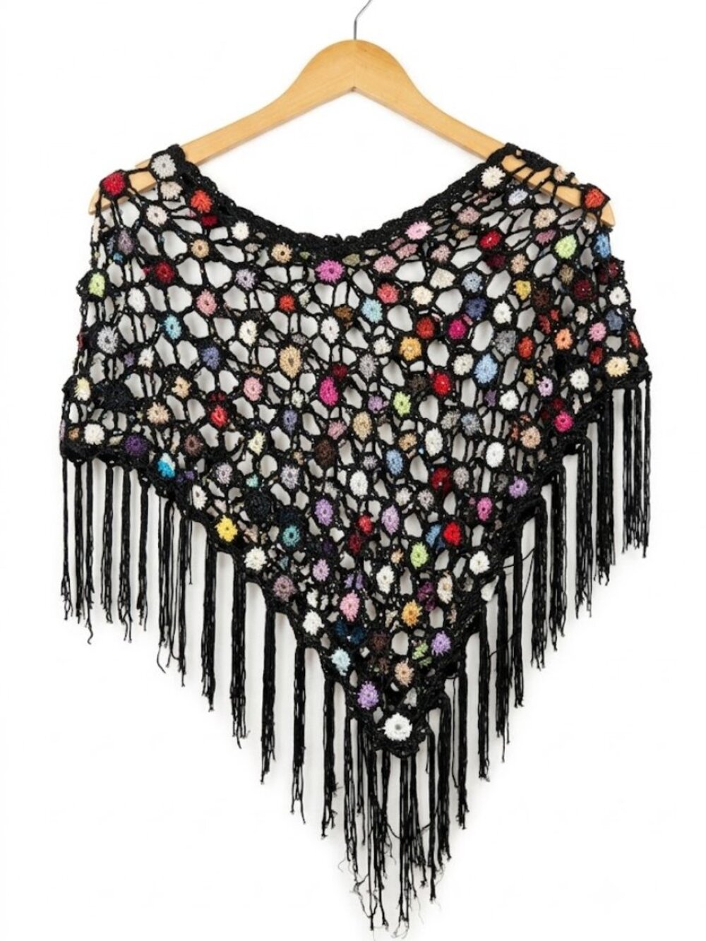 Boho Crochet Fringe Poncho | Colorful Beaded Festival Top | Mesh Fishnet Shrug |